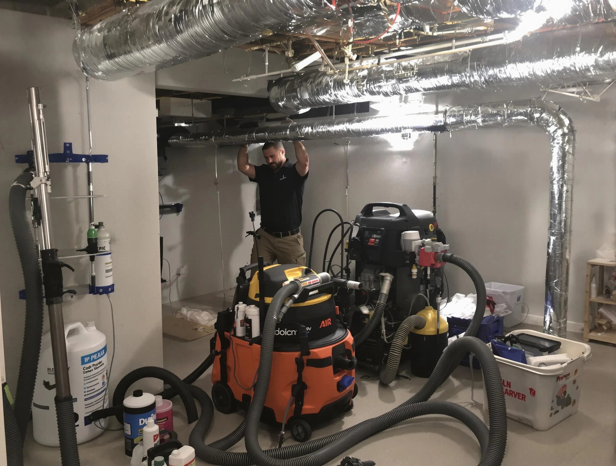 Lake View Air Duct Cleaning specialist performing professional mold removal from air ducts using safety equipment in Lake View