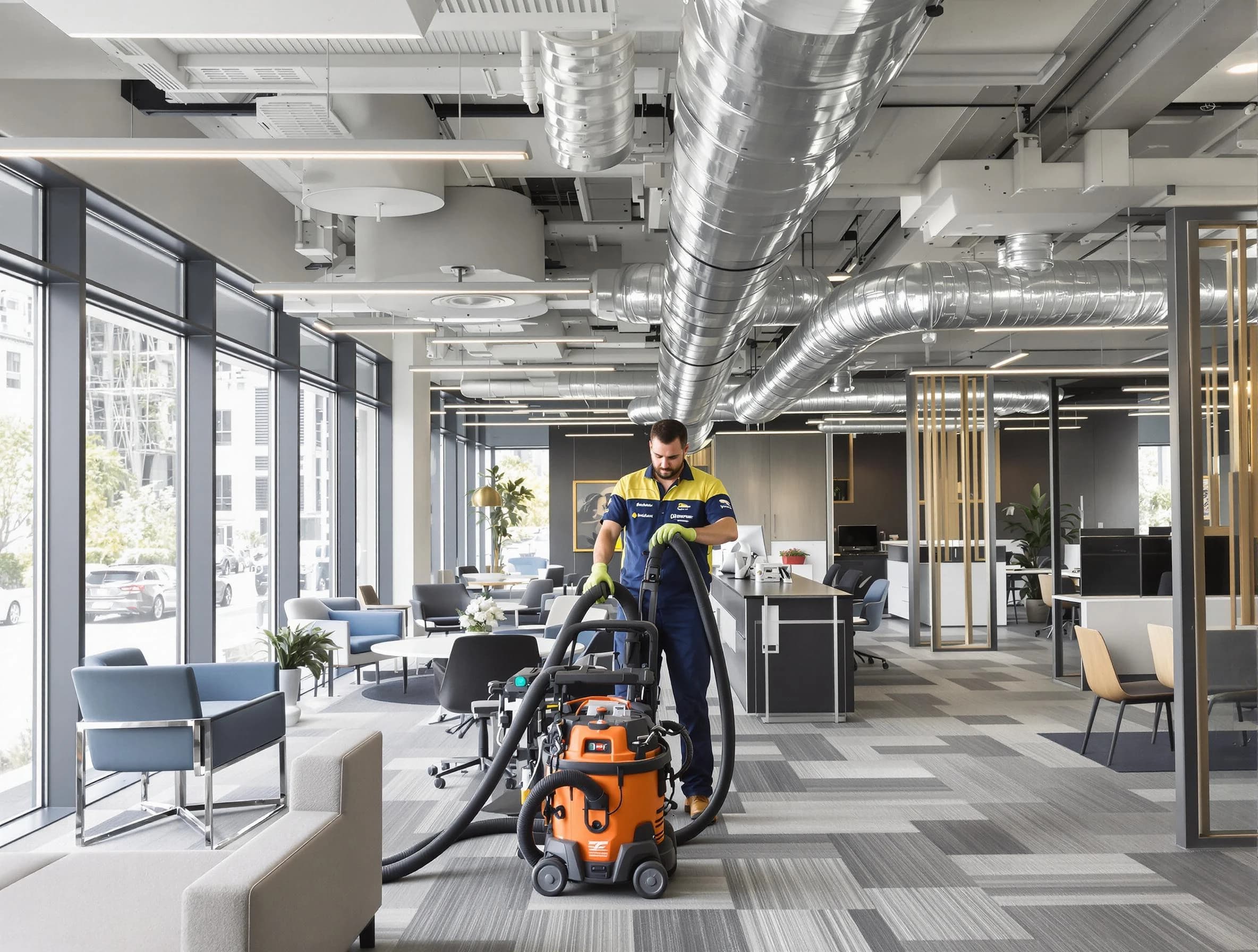 Lake View Air Duct Cleaning team performing thorough commercial duct cleaning at a Lake View business center