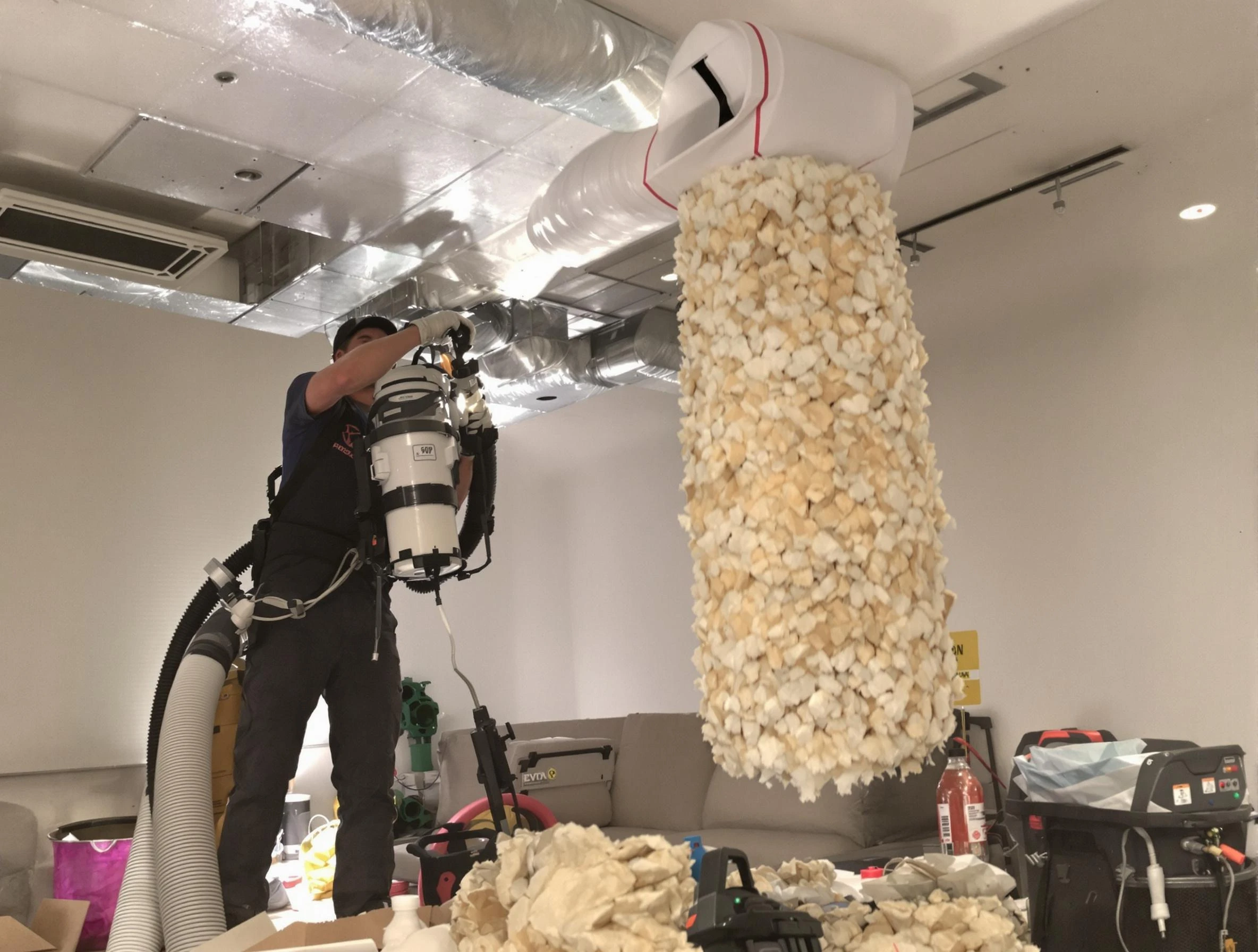 Lake View Air Duct Cleaning technician performing precision vacuum insulation removal in a residential property in Lake View
